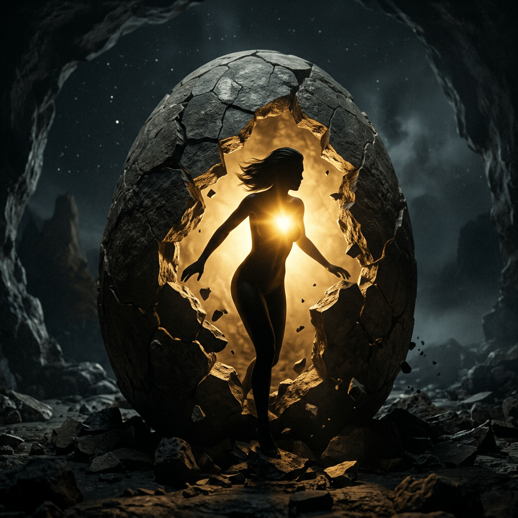 Silhouette of a woman glowing inside broken stone egg in cave